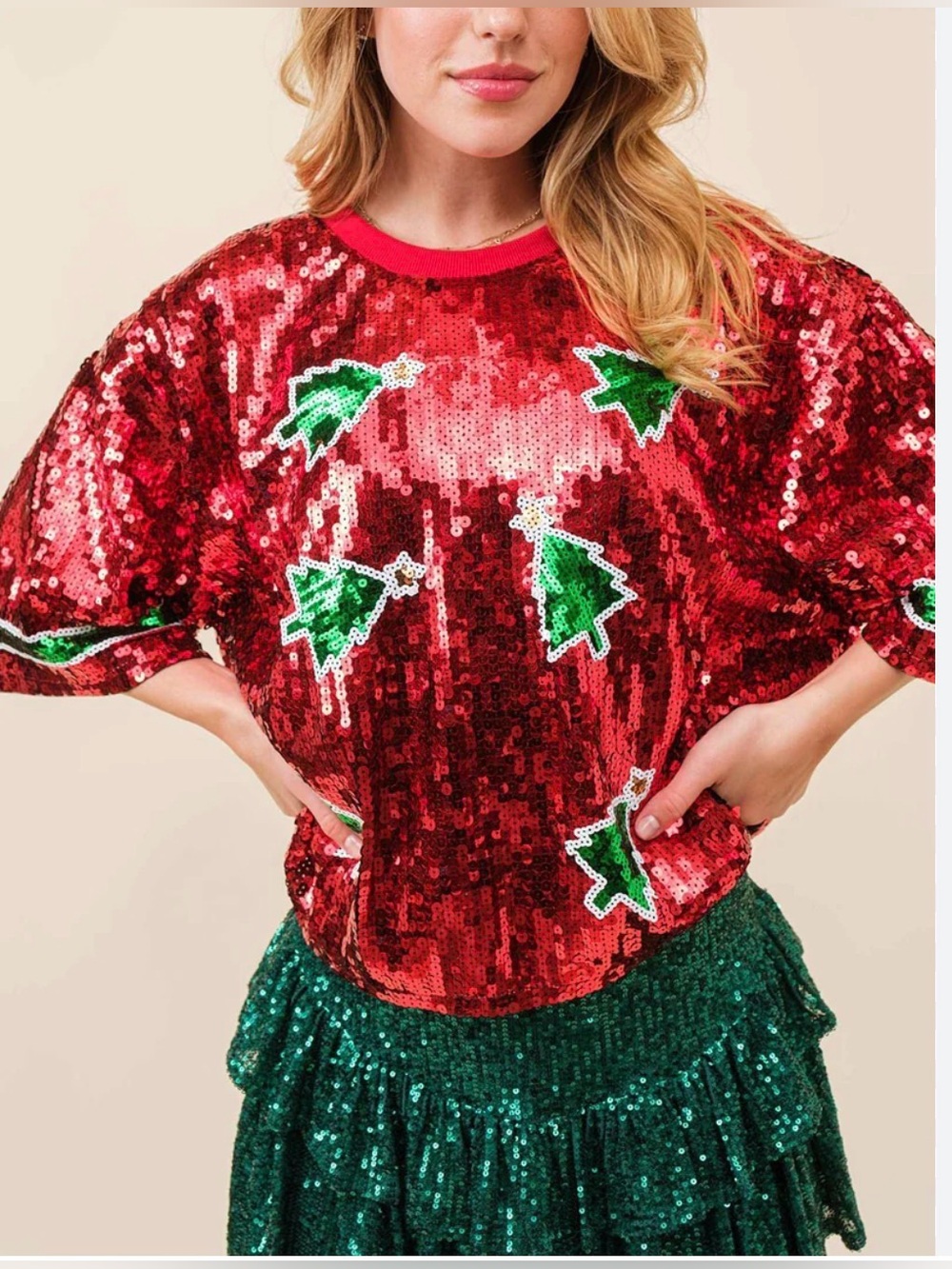 Main Strip Red Sequin Christmas Tree Holiday Crop Top Size Large party festive
